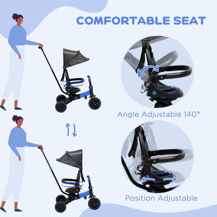 3-in-1 Tricycle for Kids with Aluminium Frame, Baby Trike with Adjustable Push Handle, Canopy and Seat Angle for 18-48 Months, Blue
