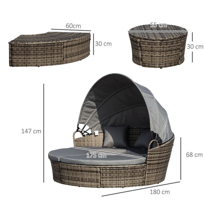 Outsunny Rattan Garden Furniture Cushioned Wicker Round Sofa Bed with Coffee Table Patio Conversation Furniture Set - Grey