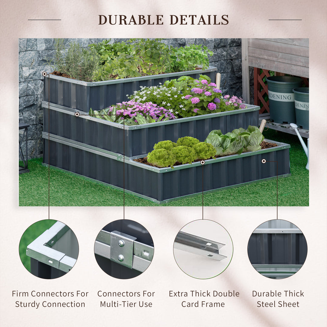 Outsunny 3 Tier Raised Garden Bed, Metal Elevated Planer Box Kit w/ A Pairs of Glove for Backyard, Patio to Grow Vegetables, Herbs, and Flowers, Grey