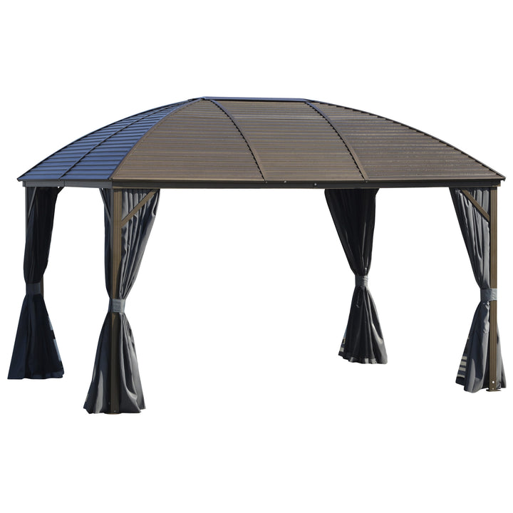 Outsunny 4 x 3(m) Patio Aluminium Gazebo Hardtop Metal Roof Canopy Party Tent Garden Outdoor Shelter with Mesh Curtains &amp; Side Walls, Dark Grey