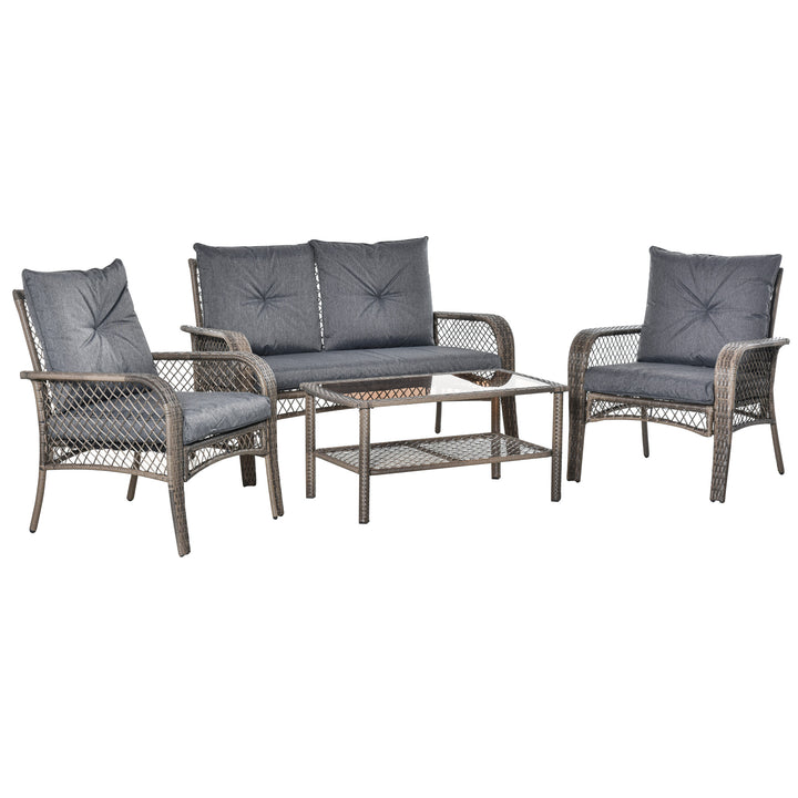 4-Seater Patio PE Rattan Wicker Sofa Sets Outdoor All Weather Conversation Furniture w/ Two Tier Tea Table &amp; Cushions for Backyard Garden Grey