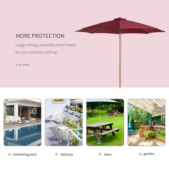 Outsunny ⌀3m Bamboo Wooden Market Patio Umbrella Garden Parasol Outdoor Sunshade Canopy, 8-ribs,Wine Red