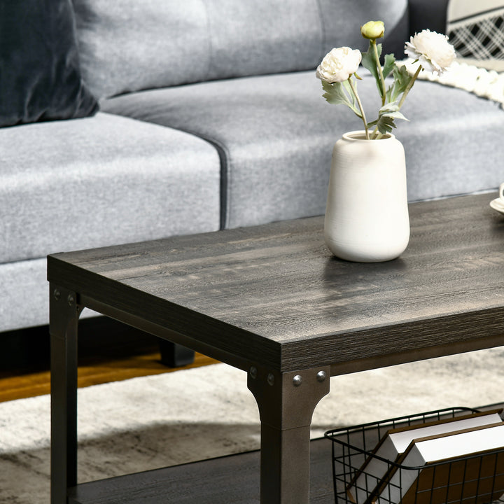 HOMCOM Rustic Coffee Table with Storage Shelf, Cocktail Table with Steel Frame and Thickened Top for Living Room, Dark Walnut