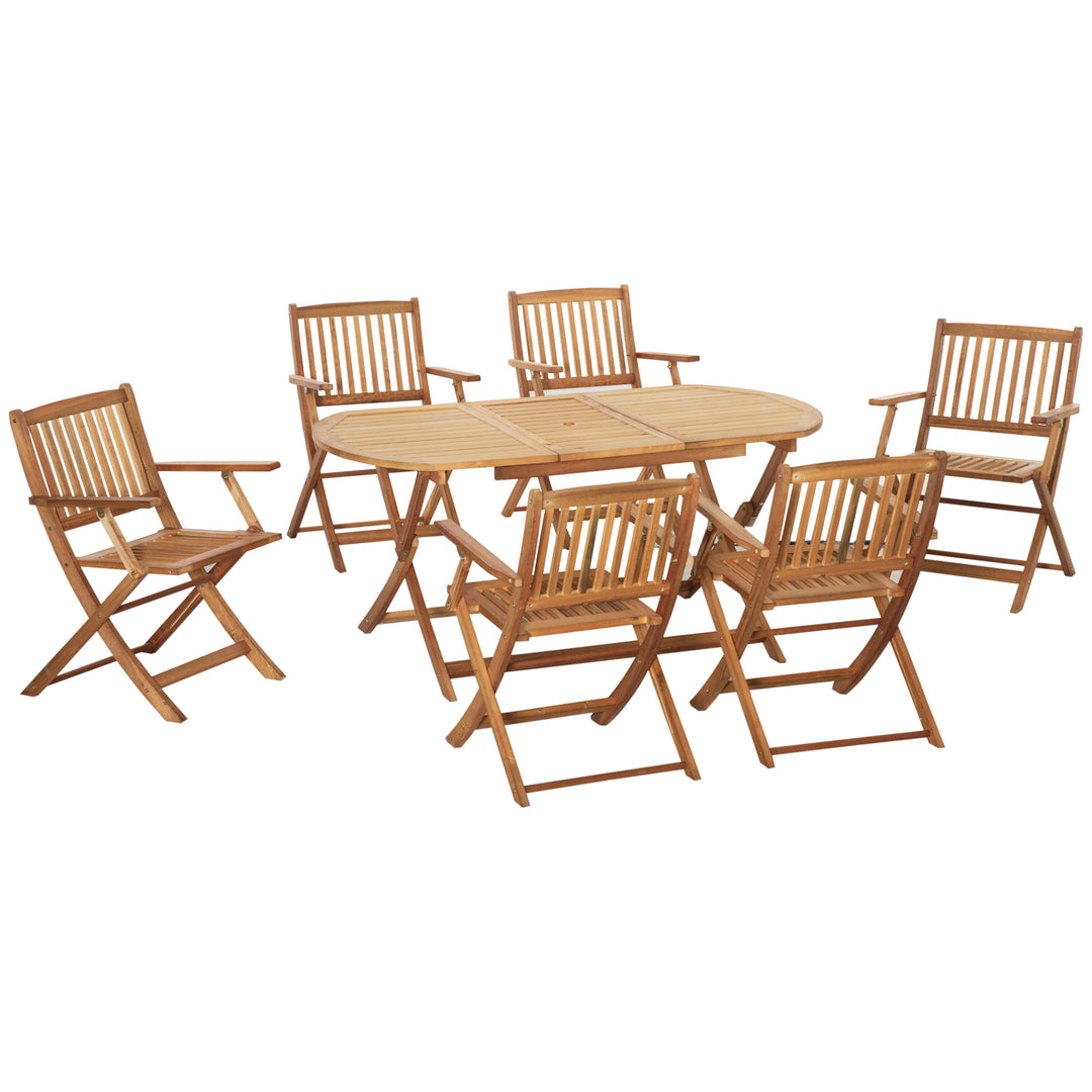 7 Piece Wooden Garden Dining Set with Umbrella Hole, Folding Dining Table and Armchairs with Parasol Hole, Teak