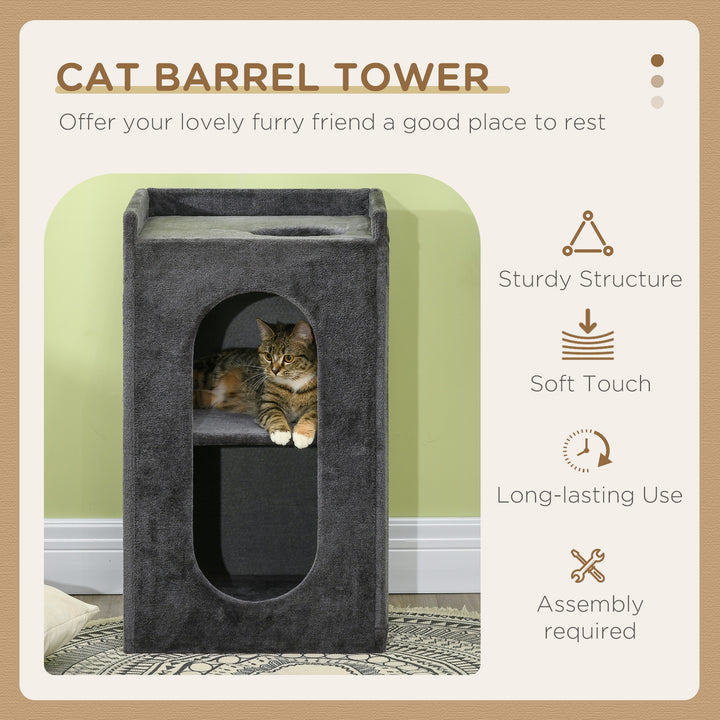 81 cm Cat Scratching Barrel with 2 Cat Condos, Cat Play Tower with Scratching Pad, Cat Scratching Tree for Indoor Cats, Grey