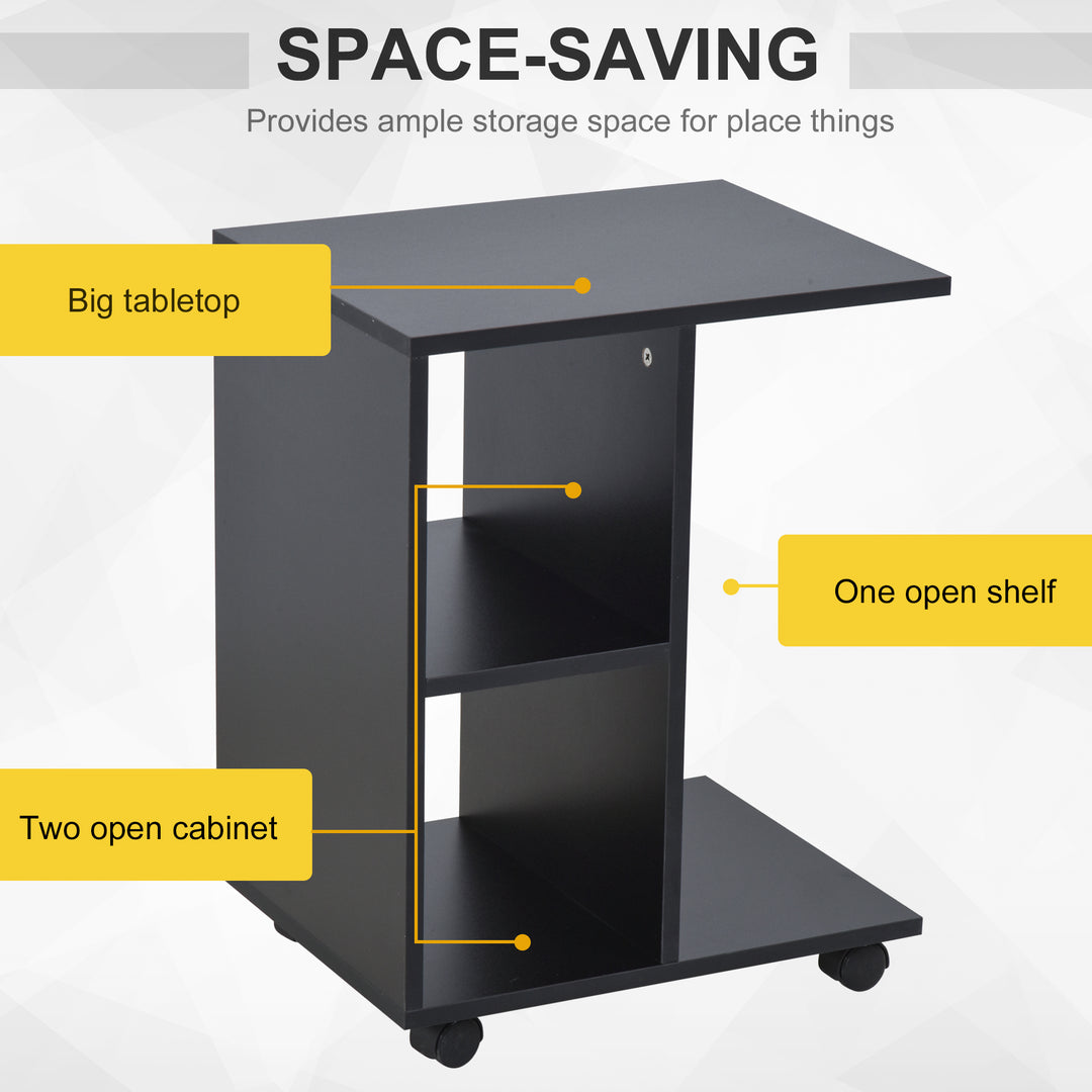 C-Shape End Table Unique Storage Unit w/ 2 Shelves 4 Wheels Freestanding Home Office Furniture Cabinet Square Studio Black