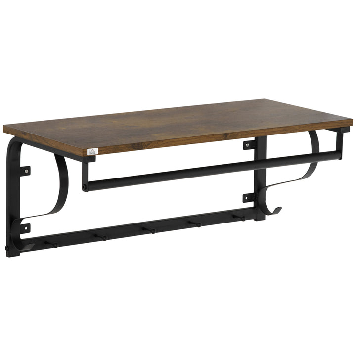 Floating Shelf with Hooks and Hanging Rod, Wall Mounted Shelf - Brown