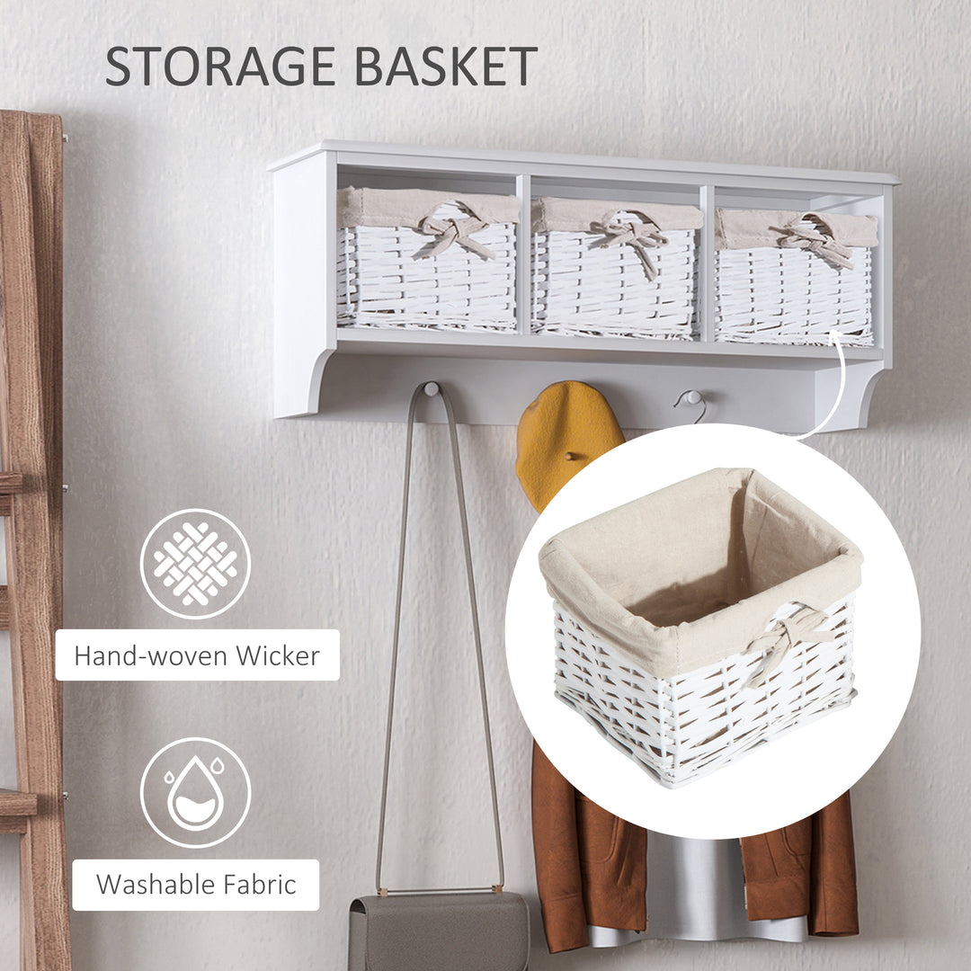 Entryway Coat Rack Wall Mounted Shelf w/Wicker Basket and Hooks (3 Baskets, White)