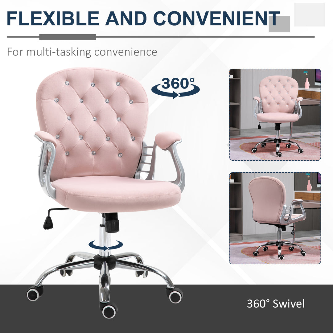Vinsetto Office Chair Ergonomic 360° Swivel Diamond Tufted Home Work Velour Padded Base 5 Castor Wheels Pink