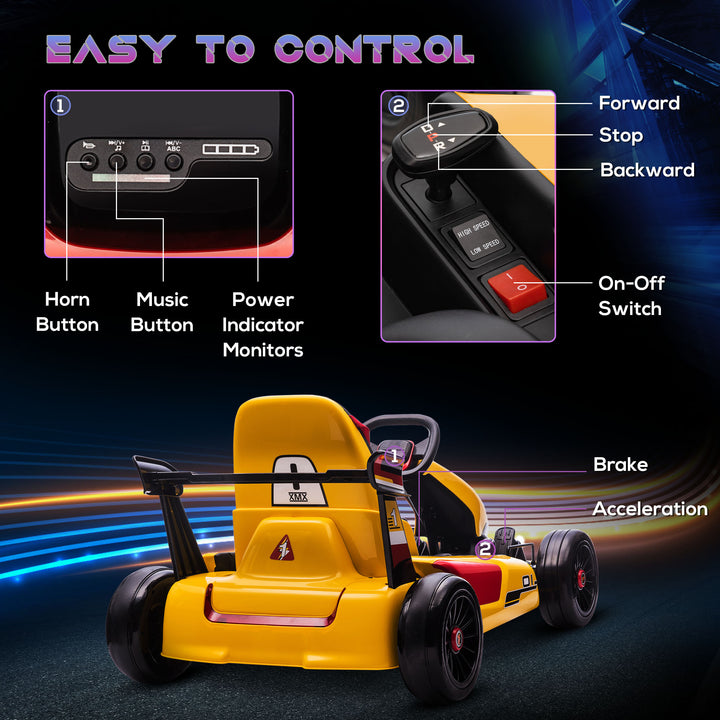 Electric Go Kart with Adjustable Footrest, Reversing Steering Wheel, Kids Ride-On Racing Go Kart with 12V Rechargeable Battery 2 Speeds Yellow