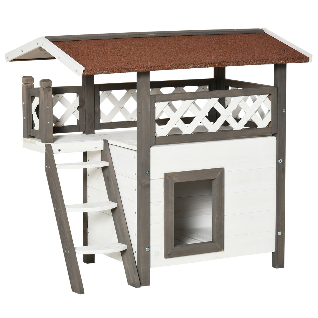 Cat House Outdoor Kitten Shelter Puppy Kennel with Balcony Stairs Asphalt Roof, 77 x 50 x 73 cm, White