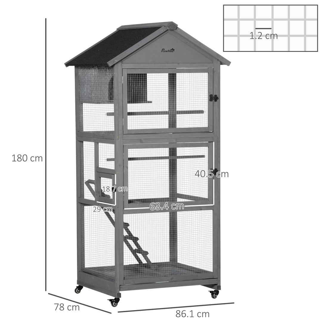 PawHut Bird Cage Mobile Wooden Aviary House for Canary Cockatiel Parrot with Wheel Perch Nest Ladder Slide-out Tray 86 x 78 x 180cm Dark Grey