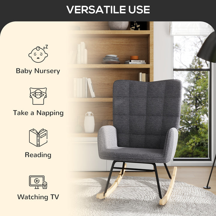 Wingback Rocking Chair for Nursing, Berber Fleece Nursery Glider Rocker, Modern Armchair for Living Room, Dark Grey