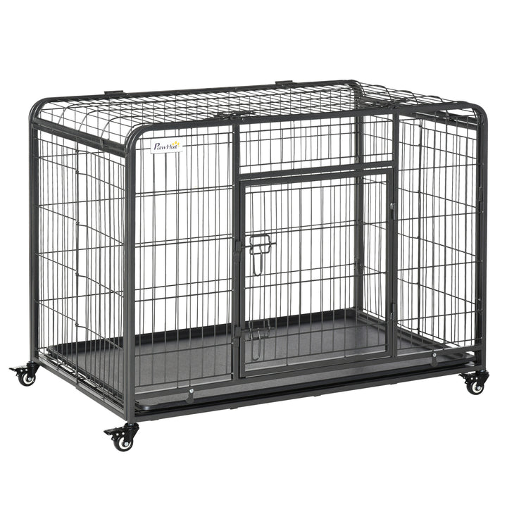 PawHut Heavy Duty Dog Crates Foldable Indoor Dog Kennel and Dog Cage Pet Playpen with Double Doors Removable Tray Lockable Wheels Openable Top