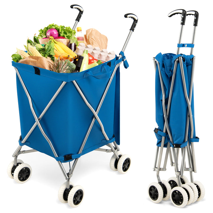 Folding Shopping Trolley with Removable Waterproof Bag and Cover-Blue