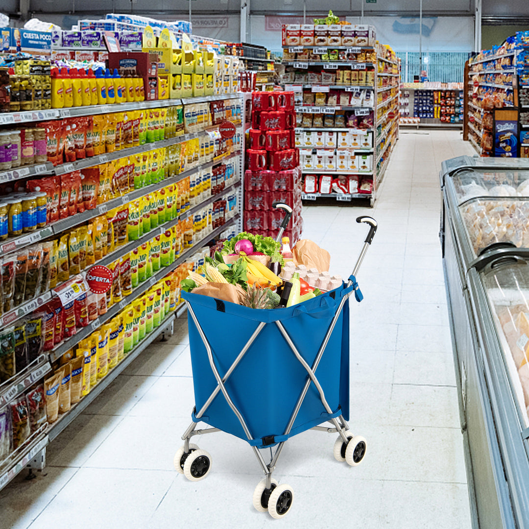 Folding Shopping Trolley with Removable Waterproof Bag and Cover-Blue