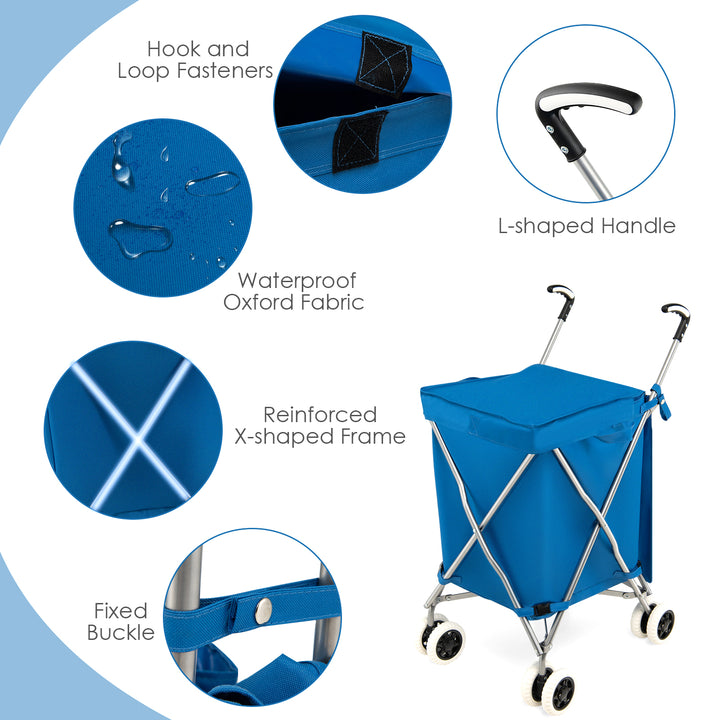 Folding Shopping Trolley with Removable Waterproof Bag and Cover-Blue