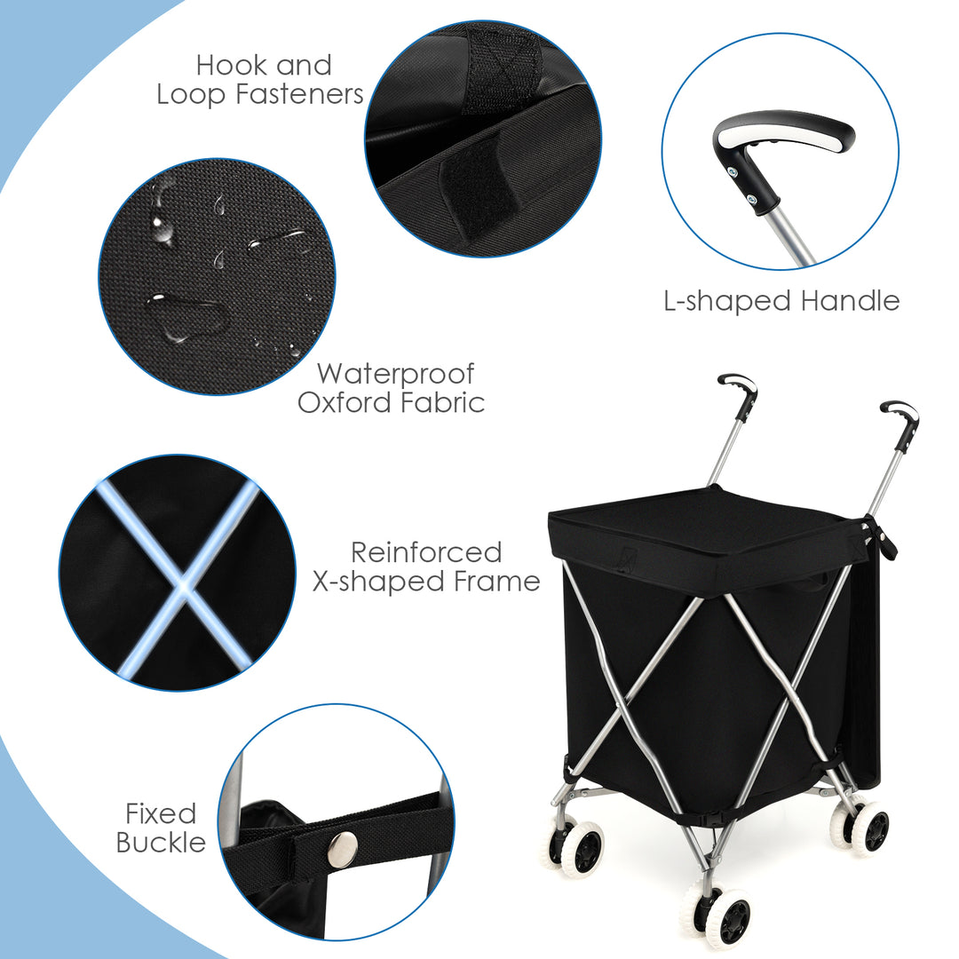 Folding Shopping Trolley with Removable Waterproof Bag- Black