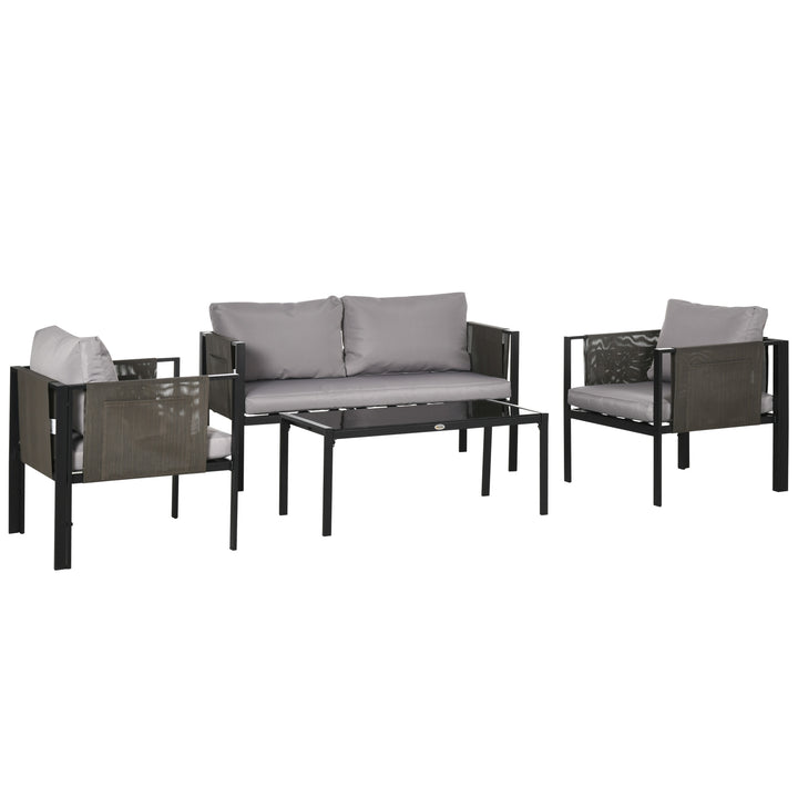 4 Piece Metal Garden Furniture Set with Tempered Glass Coffee Table, Patio Set Loveseat, Single Armchairs with Padded Cushions, Light Grey