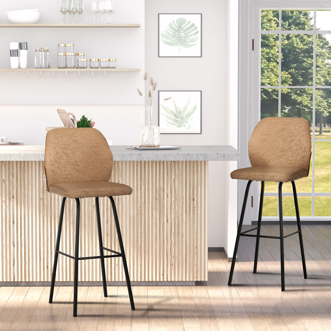 Bar Stools Set of 2, Linen-Touch Upholstered Bar Chairs, Kitchen Stools with Backs and Steel Legs, Light Brown