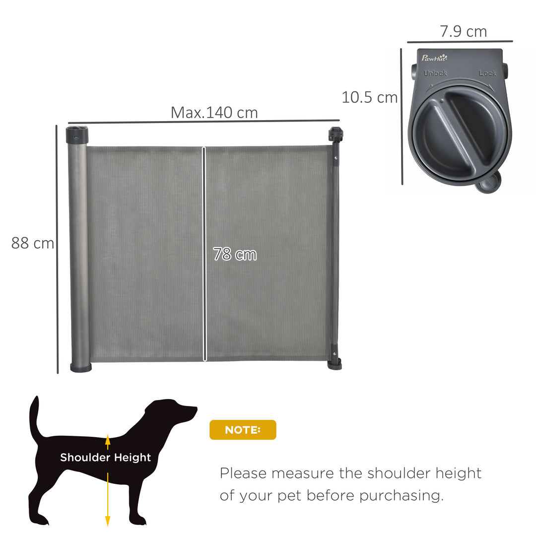 PawHut Retractable Safety Gate for Dog, Detachable Pet Barrier, Extend to 140 cm for Doorways, Hallways, Stairs, Grey