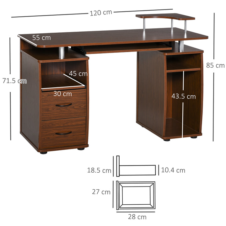 Computer Desk Office PC Table Workstation Gaming Study with Keyboard Tray, CPU Shelf, Drawers, Sliding Scanner Shelf, Brown