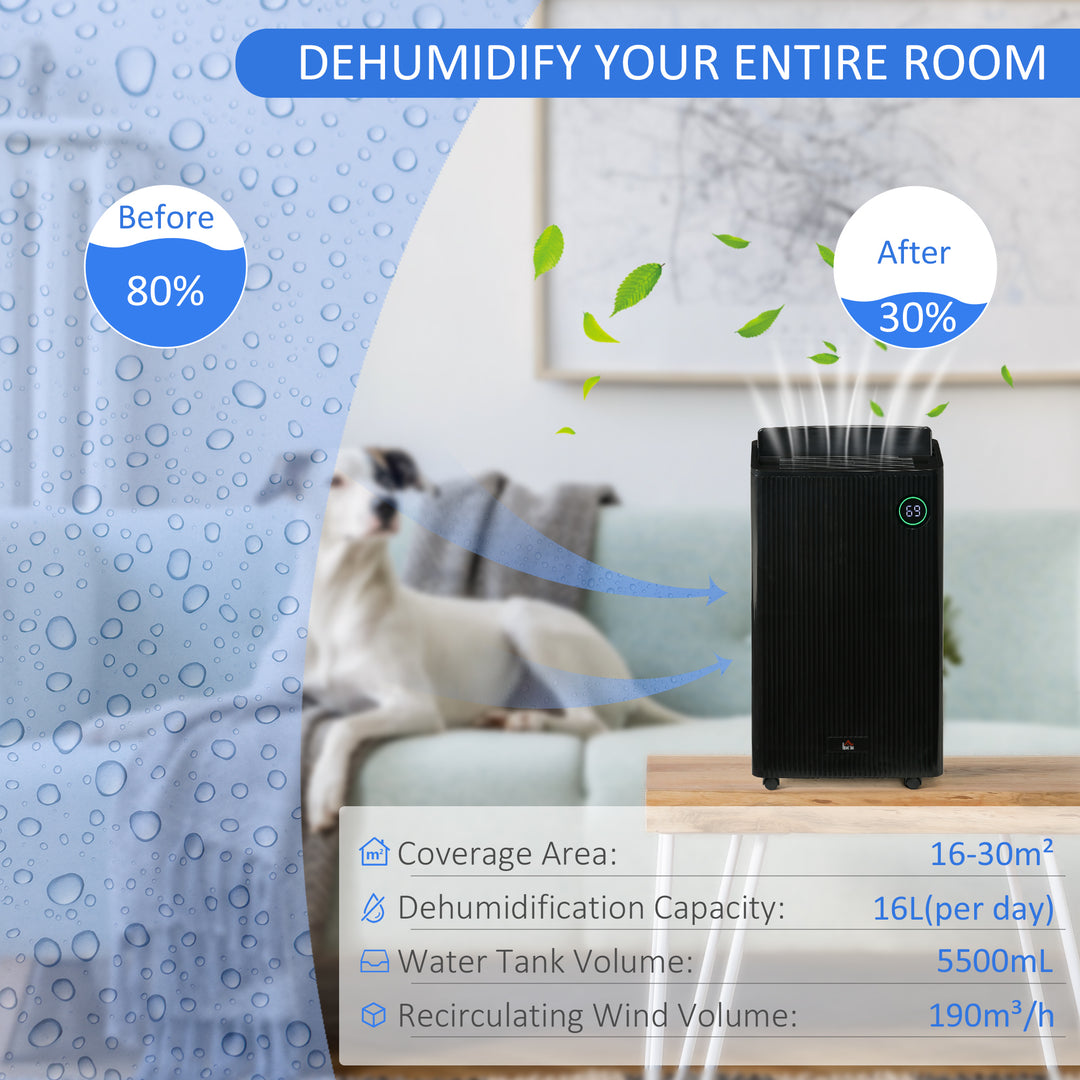 5500mL Portable Dehumidifier with Air Purifier, UVC, Ioniser, 24H Timer, 5 Modes, 16L/Day, for Home Laundry, Black