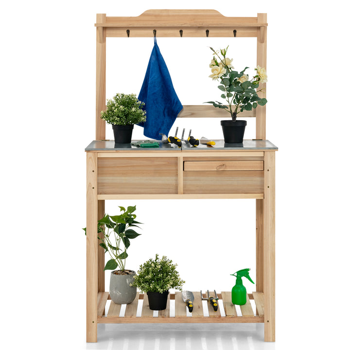 Wooden Garden Potting Table with Flip-open Galvanized Tabletop