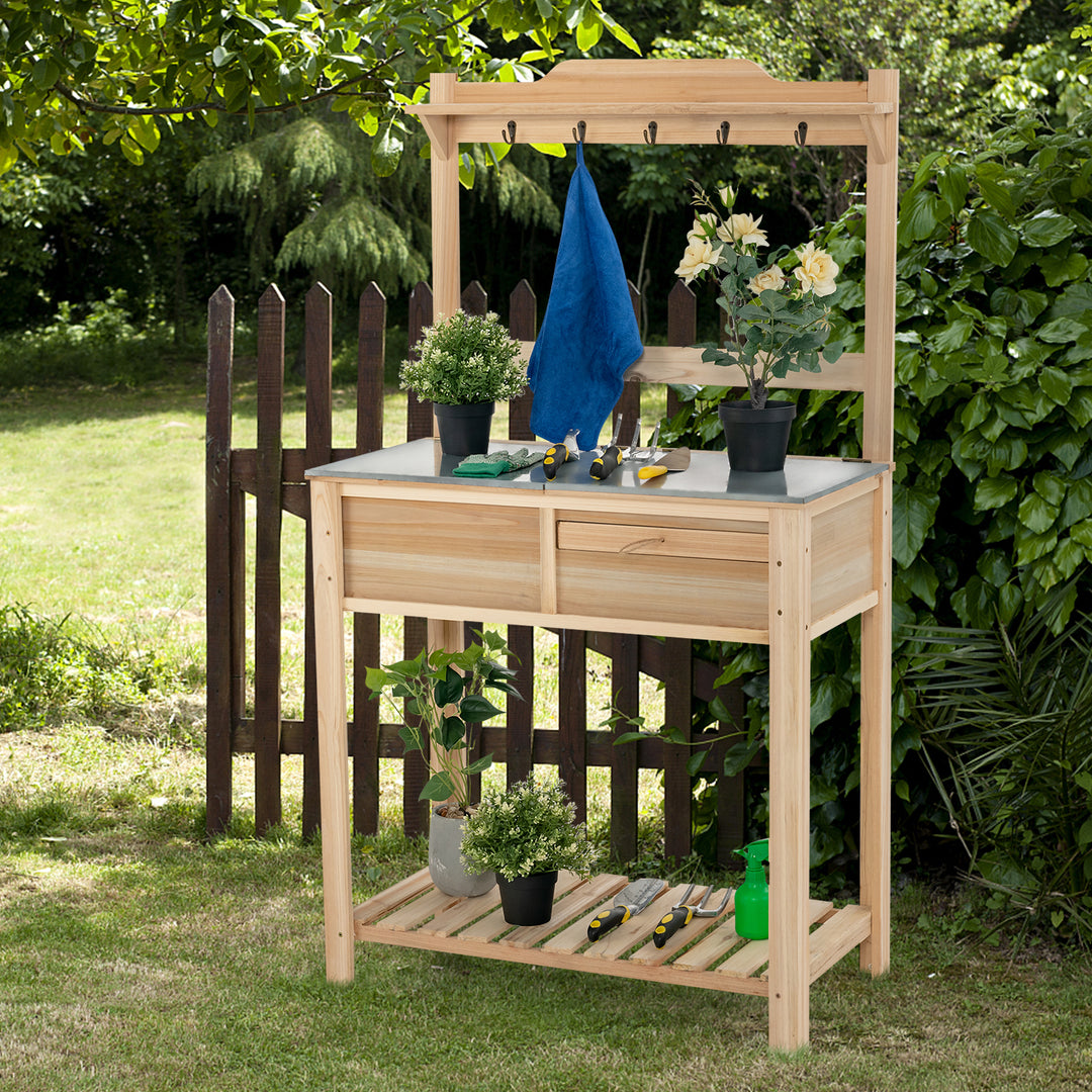 Wooden Garden Potting Table with Flip-open Galvanized Tabletop