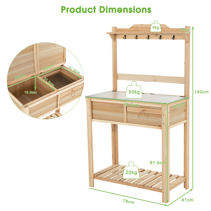 Wooden Garden Potting Table with Flip-open Galvanized Tabletop