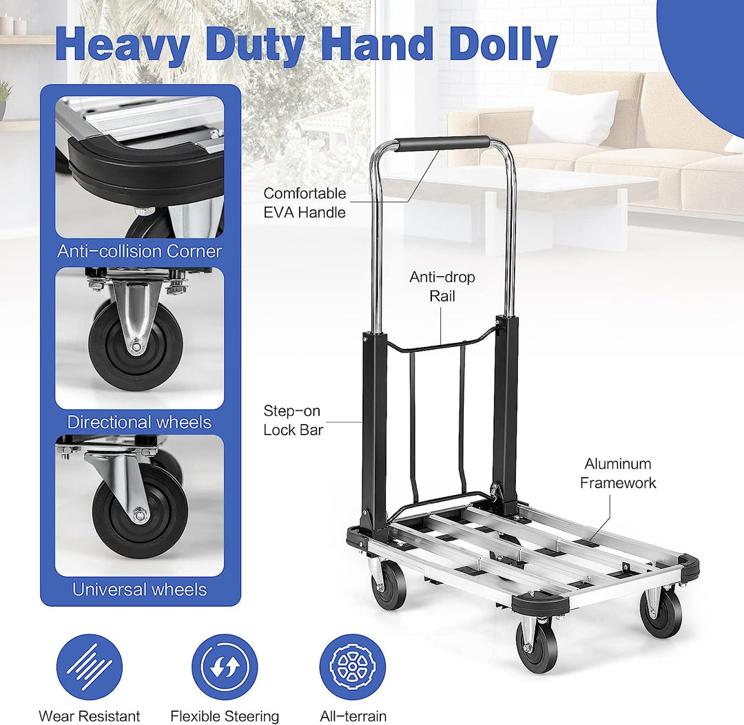 4 Wheels Aluminum Rolling Dolly Flatbed Cart with Extendable Base and Adjustable Handle