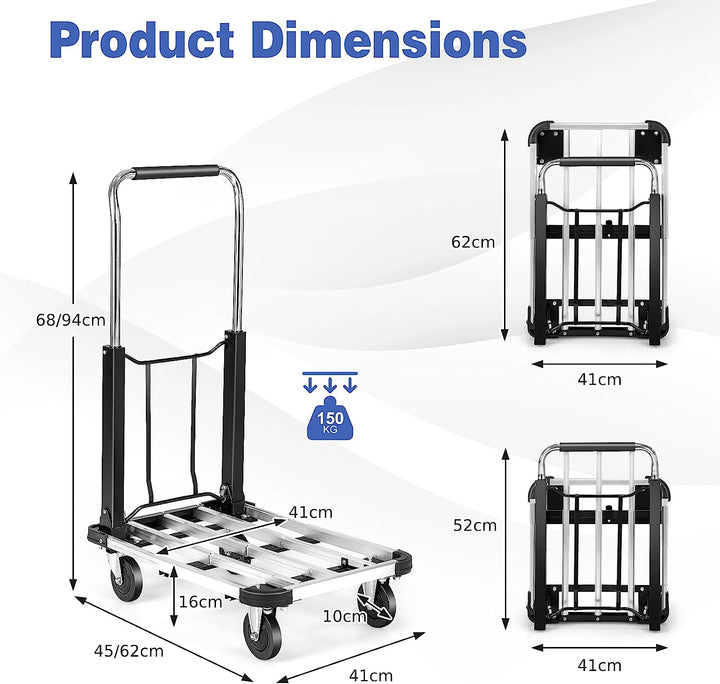 4 Wheels Aluminum Rolling Dolly Flatbed Cart with Extendable Base and Adjustable Handle