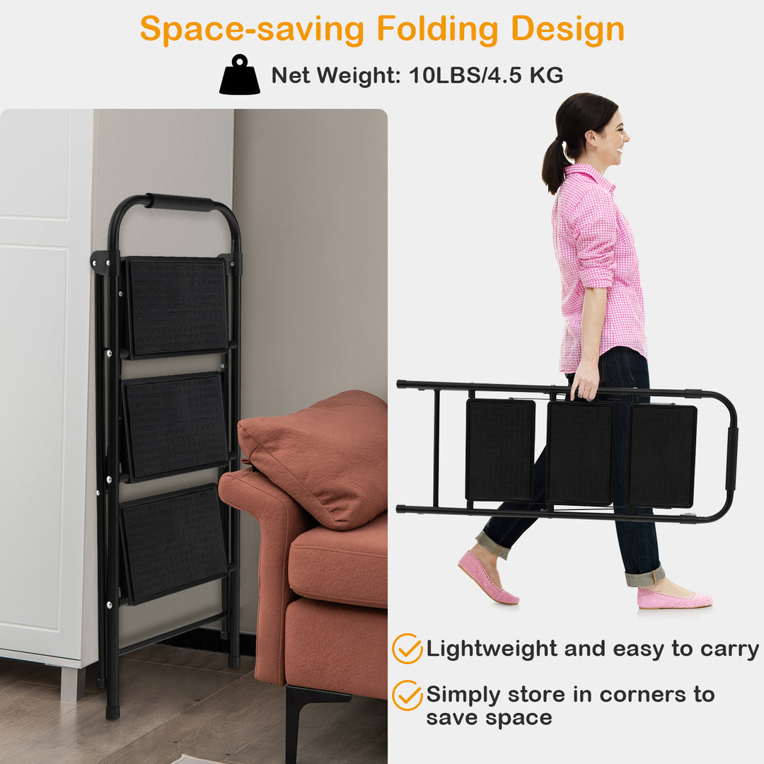 Folding Portable 3 Step Ladder with Anti-Slip Pedal and Handle-Black