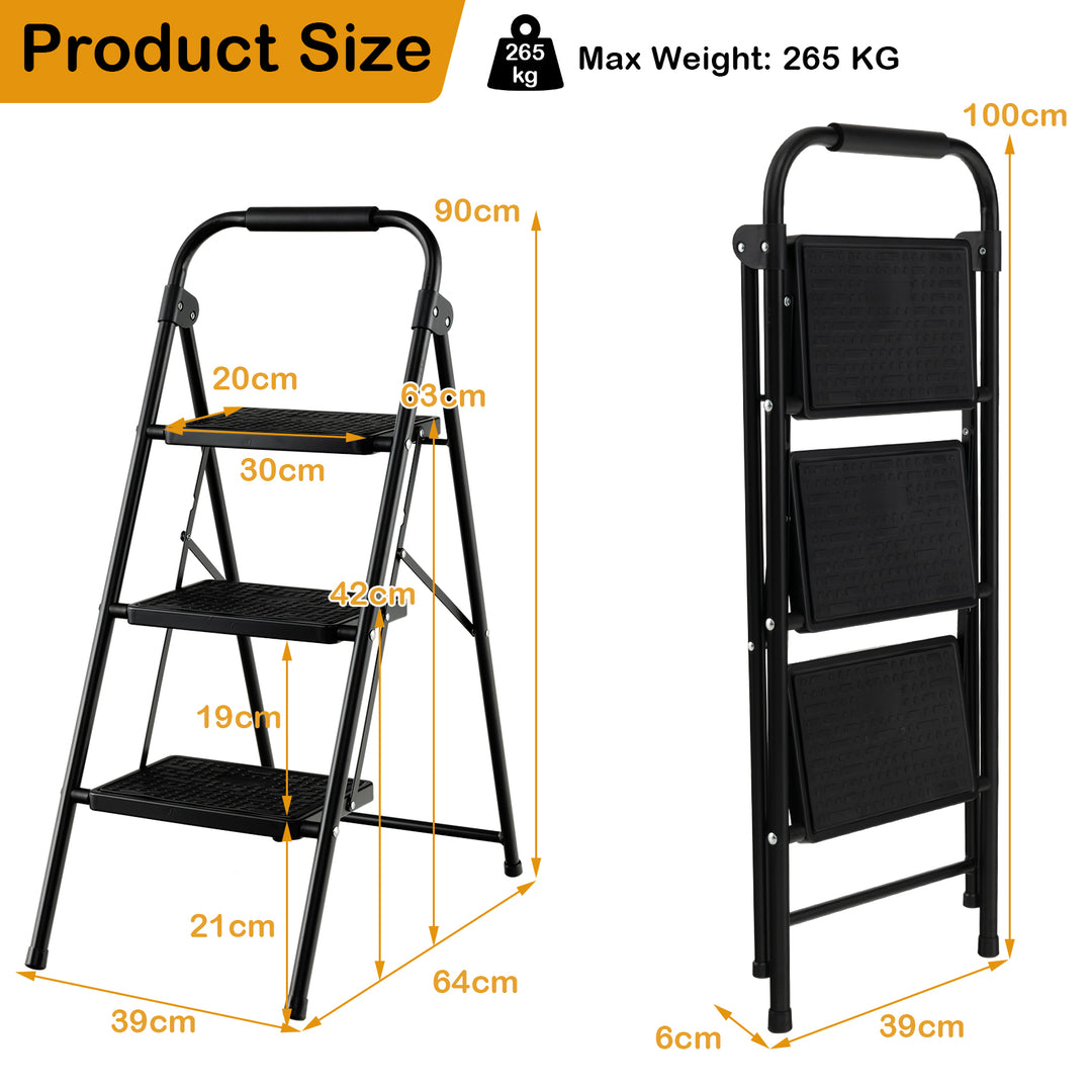 Folding Portable 3 Step Ladder with Anti-Slip Pedal and Handle-Black