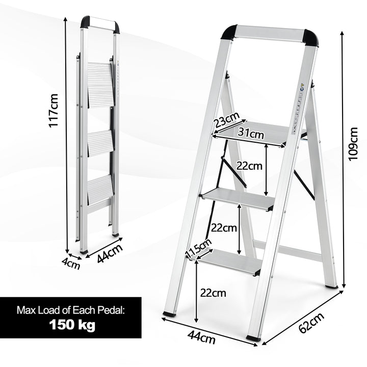 Aluminum Folding Step Stool with Non-Slip Pedal and Footpads-Silver