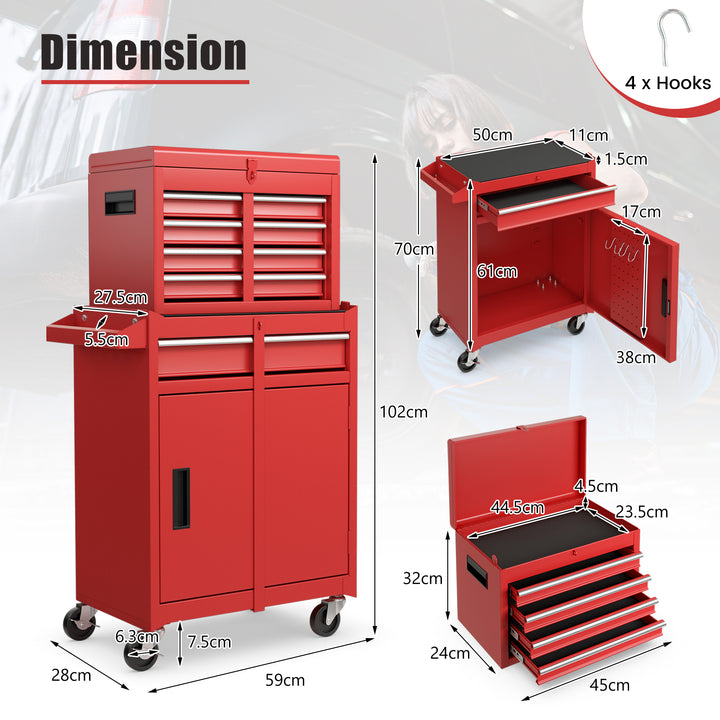 High Capacity Tool Storage Cabinet with Lockable Wheels-Red