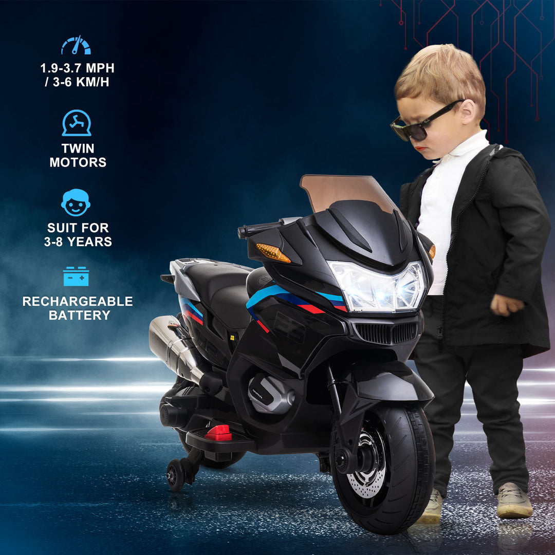 Kids Electric Motorbike, with Training Wheels, Lights, Music, for Ages 3-8 Years - Black
