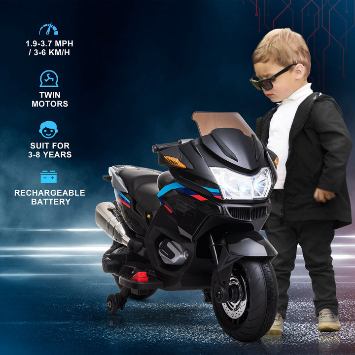 Kids Electric Motorbike, with Training Wheels, Lights, Music, for Ages 3-8 Years - Black