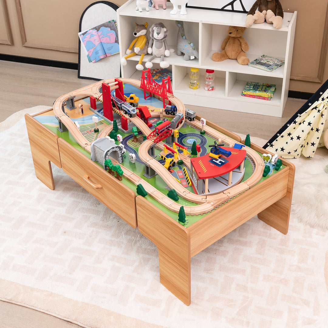 Wooden Train Track Set with Reversible Tabletop 100 Pieces Toy and Storage Drawer