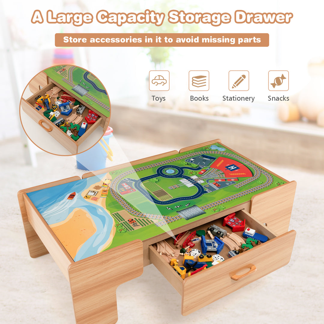 Wooden Train Track Set with Reversible Tabletop 100 Pieces Toy and Storage Drawer