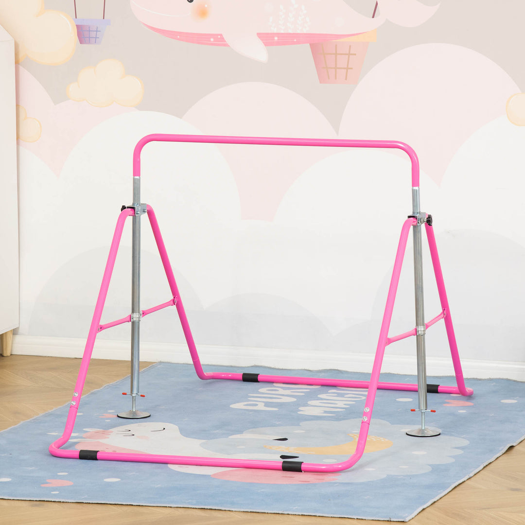 Gymnastics Bar for Kids, Folding Horizontal Bars with Adjustable Height, Training Bar with Triangle Base, Pink