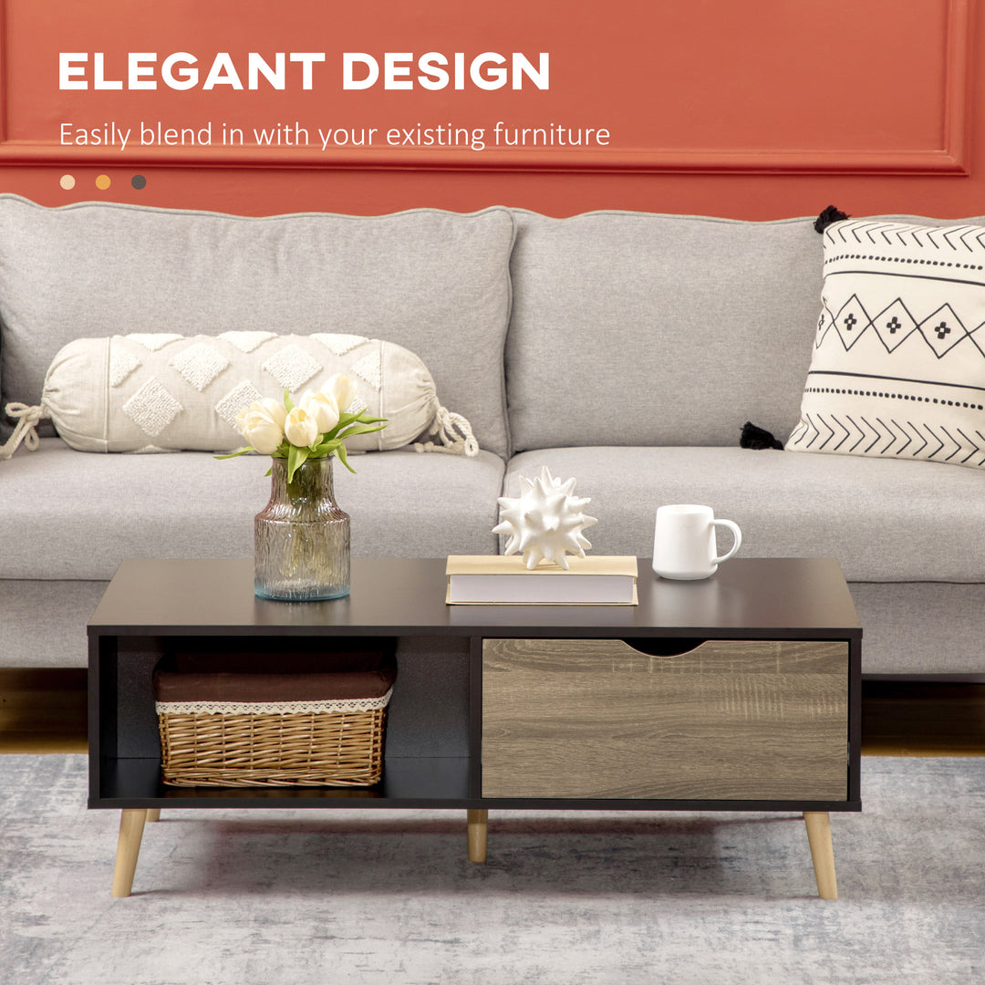 Coffee Table, Modern Tea Table with Open Storage Shelves, Two Drawers and Solid Wood Legs, Coffee Tables for Living Room, Bed Room, Black
