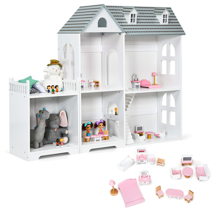 Large Wooden Dolls House with Furniture and Accessories-Grey