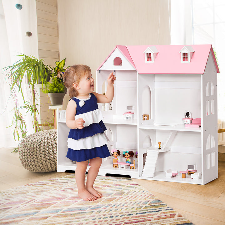 Large Wooden Dolls House with Furniture and Accessories-Pink