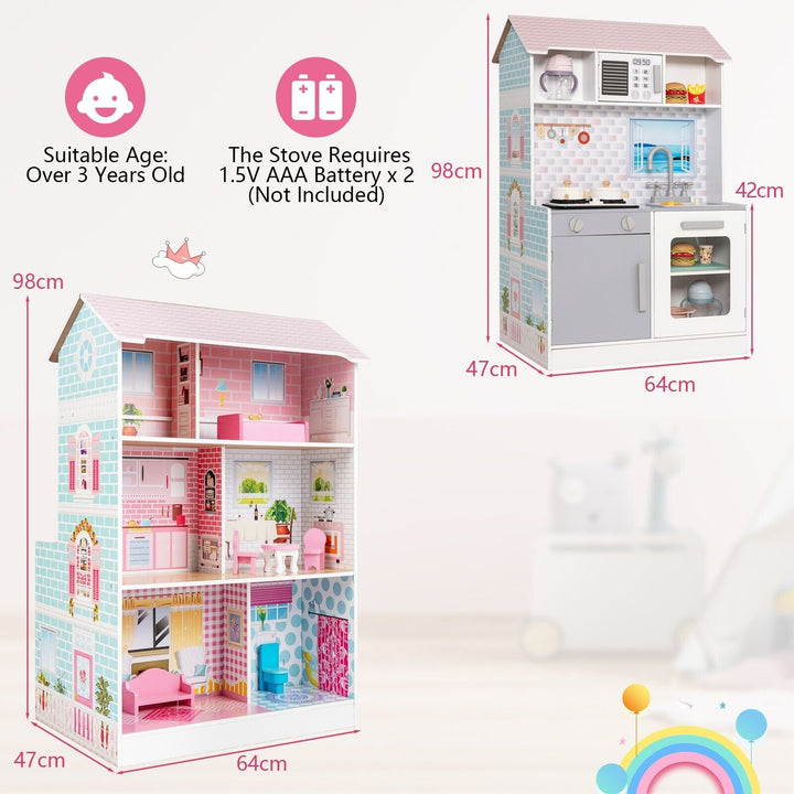 2 in 1 Kids Toy Kitchen and Dollhouse for 3+ Years Old Children