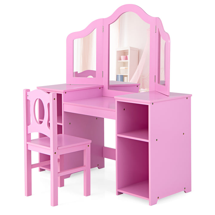 Kids Makeup Desk and Chair Set with Tri-Folding Detachable Mirror-Pink