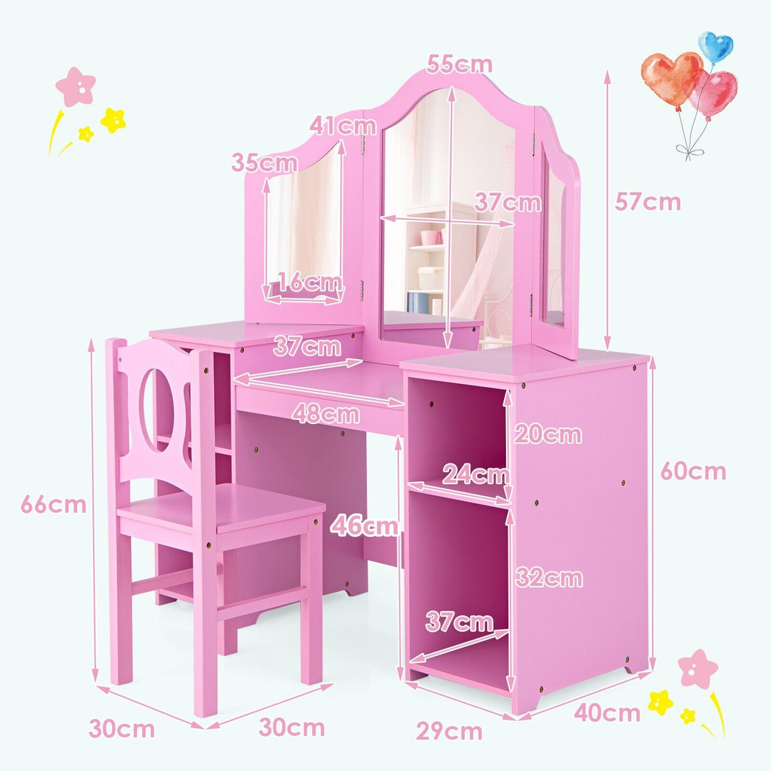 Kids Makeup Desk and Chair Set with Tri-Folding Detachable Mirror-Pink