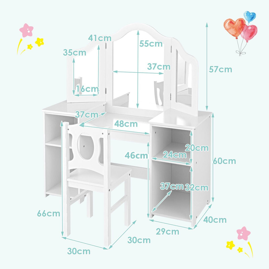 Kids Makeup Desk and Chair Set with Tri-Folding Detachable Mirror-White