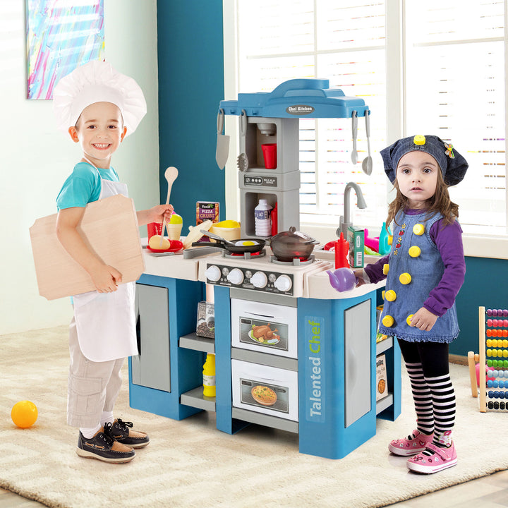 Kids Kitchen Playset with 67 Pieces Accessories and Realistic Lights-Blue