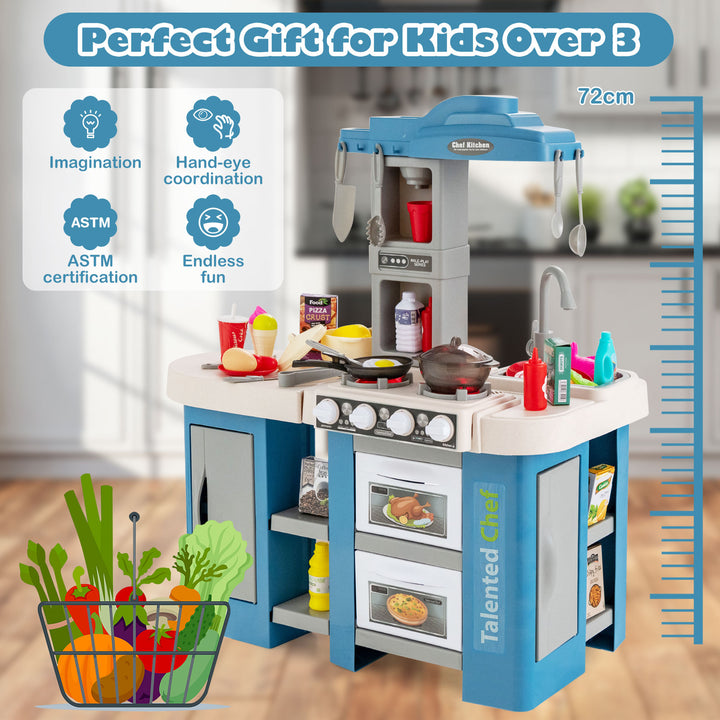 Kids Kitchen Playset with 67 Pieces Accessories and Realistic Lights-Blue